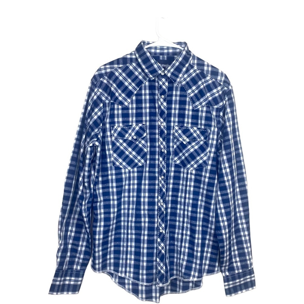 Wrangler Western Cowboy Blue Plaid Pearl Snap Long Sleeve Shirt Size Medium.